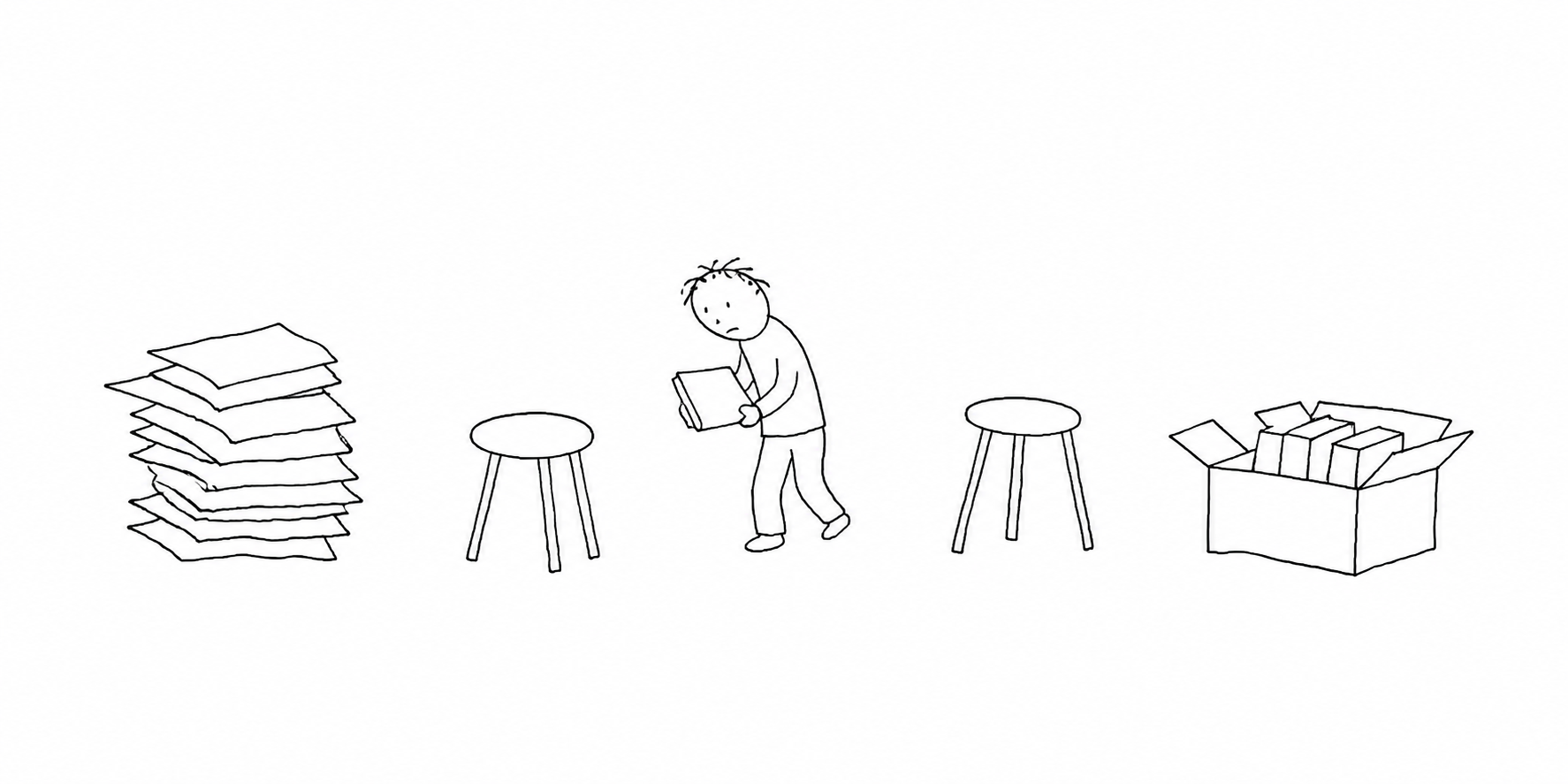 一人の作業者と二つの空いた椅子、紙と本の箱を描いた挿絵