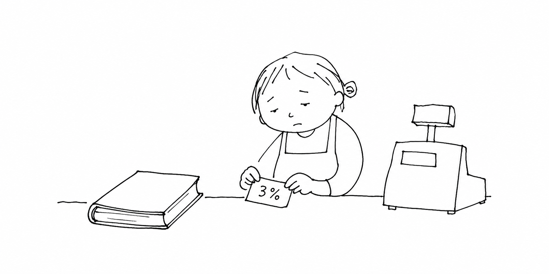 書店員が本のそばで3%の札を扱う挿絵