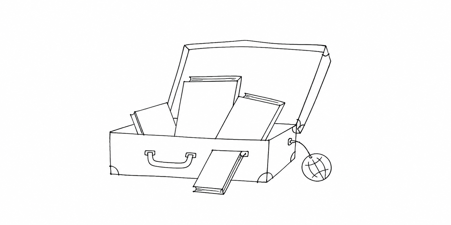 本を詰めた旅行かばんと地球形の荷札の挿絵