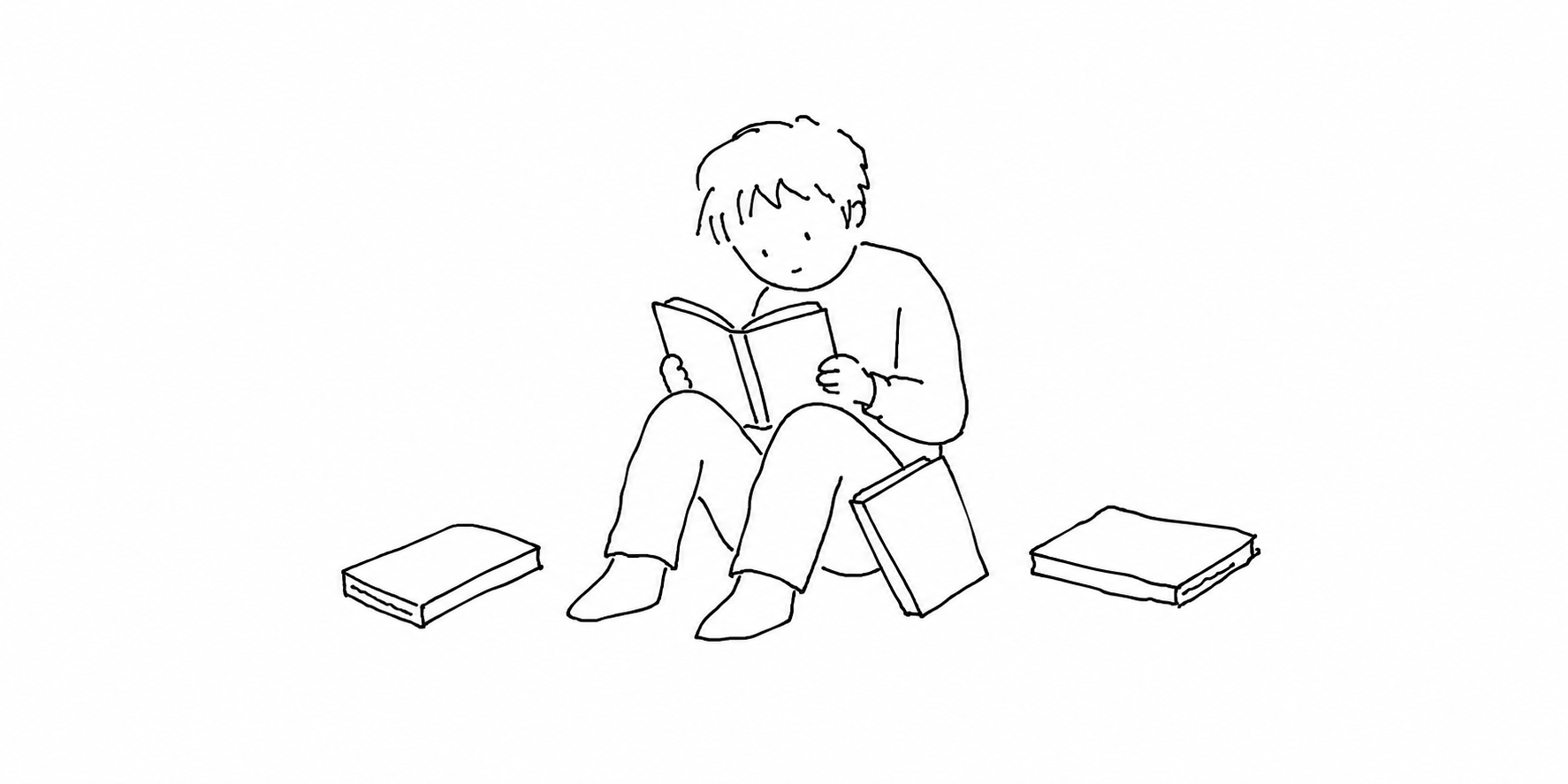 4冊の本に囲まれて読む人の挿絵